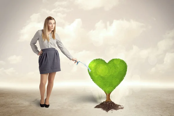 Business woman watering heart shaped green tree — Stock Photo, Image