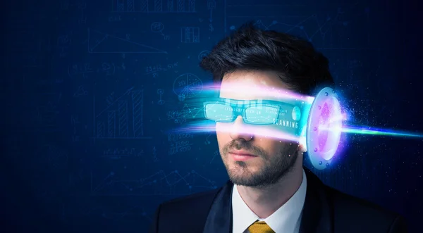 Man from future with high tech smartphone glasses — Stock Photo, Image