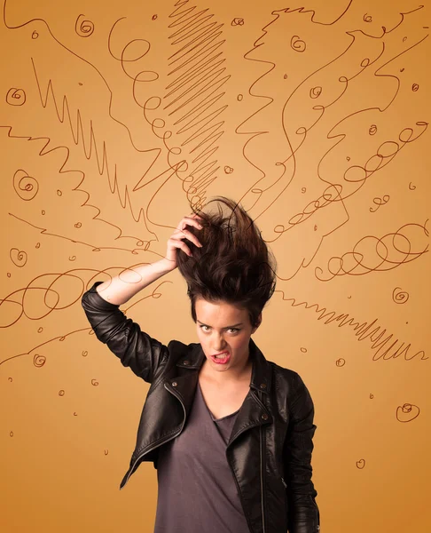 Excited young woman with extreme hairtsyle and hand drawn lines — Stock Photo, Image