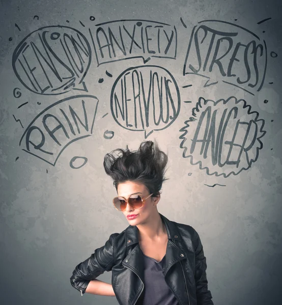 Mad young woman with extreme haisrtyle and speech bubbles — Stock Photo, Image