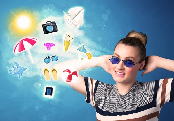 Happy joyful woman with sunglasses looking at summer icons — Stock Photo, Image