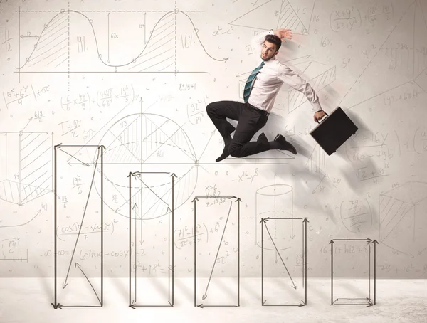 Швидкий бізнесмен стрибає вгору по мальованих діаграмах — стокове фото