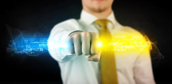 Man holding colorful glowing data in his hands — Stock Photo, Image