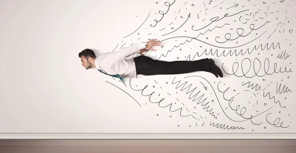 Business man flying with hand drawn lines comming out — Stock Photo, Image