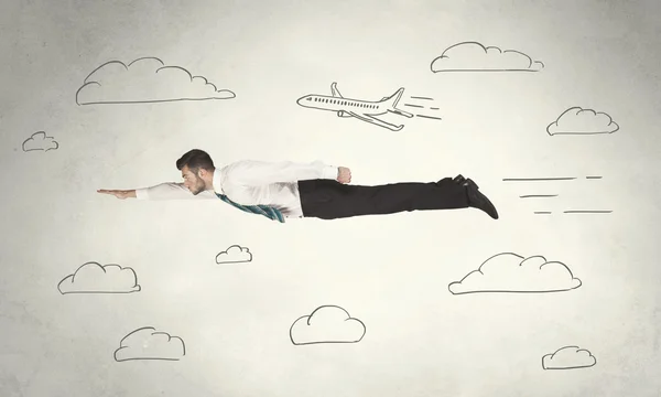 Veselá obchodní osoba létající mezi ručně taženými mraky oblohy — Stock fotografie