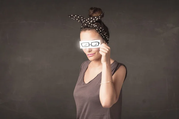 Happy girl looking with hand drawn paper eye glasses — Stock Photo, Image