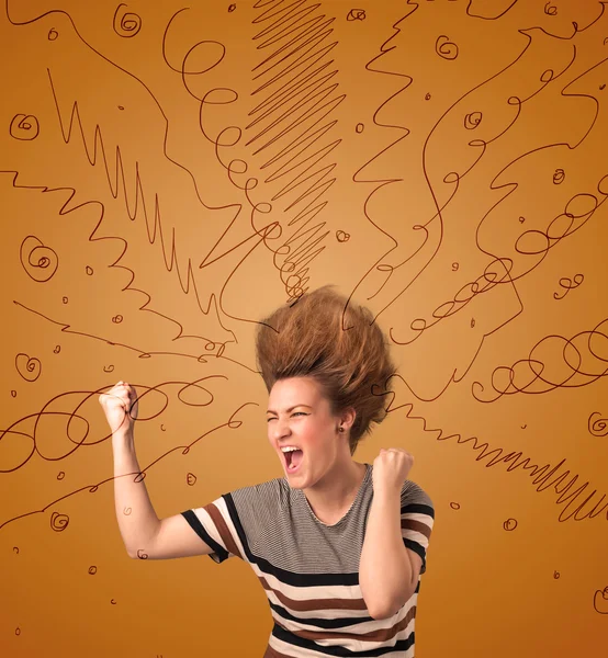 Jovem excitada com cabelos extremos e linhas desenhadas à mão — Fotografia de Stock