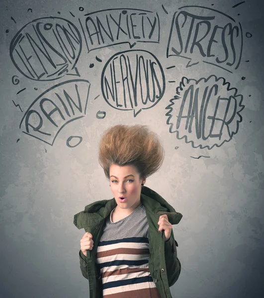 Mad young woman with extreme haisrtyle and speech bubbles — Stock Photo, Image