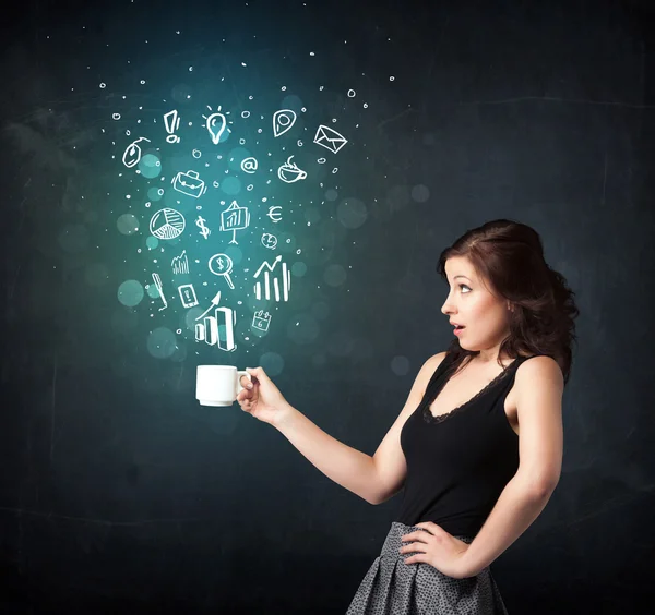 Businesswoman holding a white cup with business icons — Stock Photo, Image