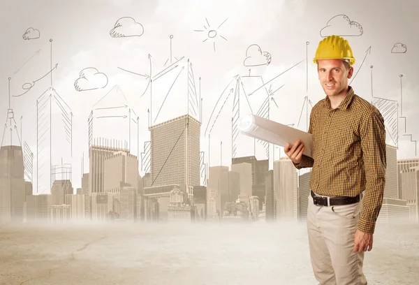 Business engineer planing at construction site with city backgro — Stock Photo, Image