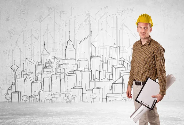 Byggnadsarbetare med stadsbild bakgrund — Stockfoto