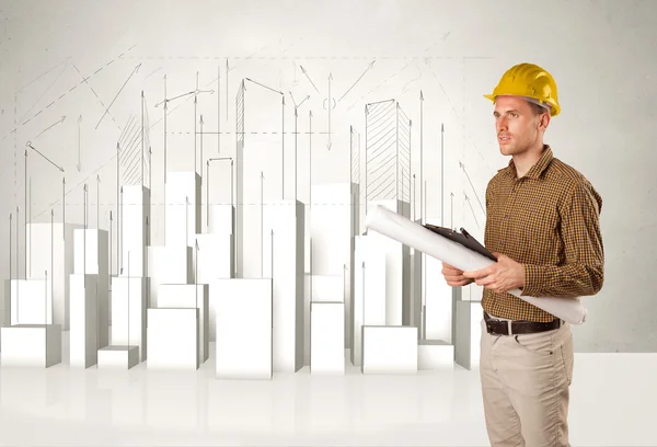 Obrero de la construcción cepillado con edificios 3d en segundo plano —  Fotos de Stock