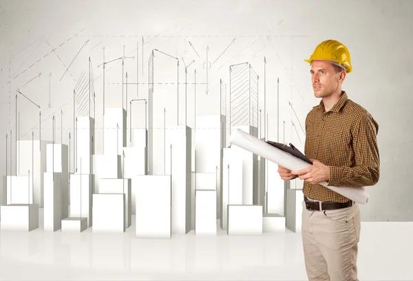 Construction worker planing with 3d buildings in background — Stock Photo, Image