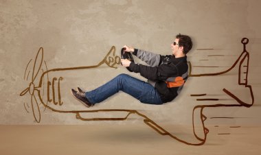 Funny pilot driving a hand drawn airplane on the wall clipart