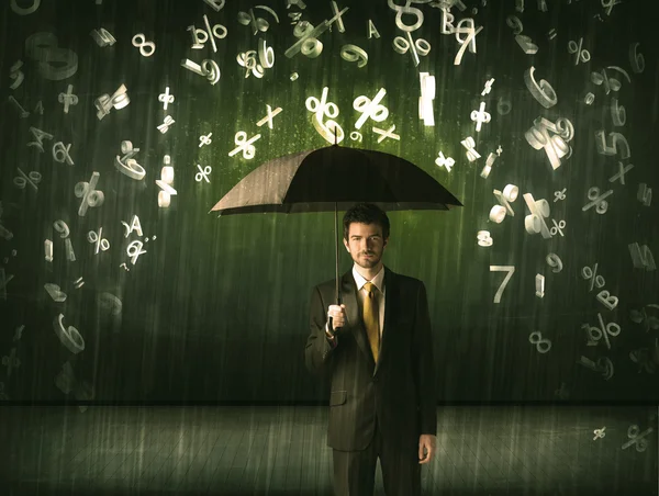 Podnikatel s deštníkem a 3d čísla prší concep — Stock fotografie