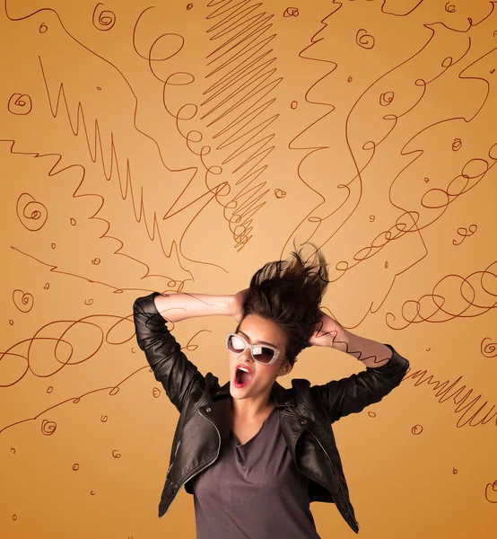 Excited young woman with extreme hairtsyle and hand drawn lines — Stock Photo, Image