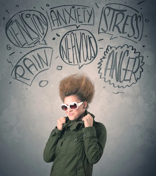 Mad young woman with extreme haisrtyle and speech bubbles — Stock Photo, Image