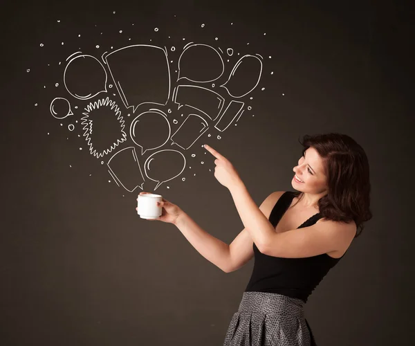 Businesswoman holding a white cup with speech bubbles — Stock Photo, Image