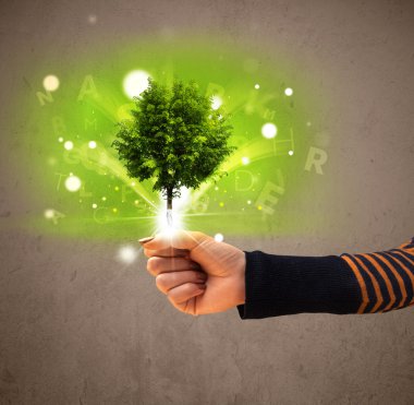 Bir kadının elinde parlayan ağaç.