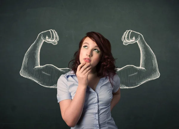 Woman with sketched strong and muscled arms — Stock Photo, Image