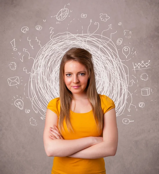 Pretty young girl with abstract circular doodle lines and icons — Stock Photo, Image