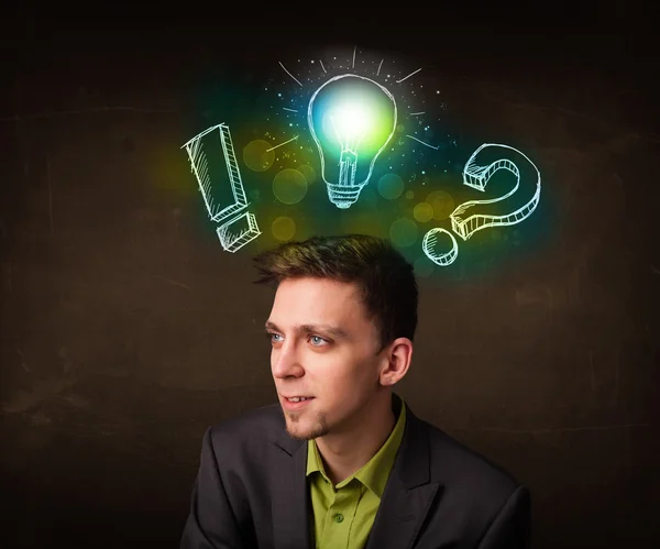 Teenager with hand drawn light bulb illustration — Stock Photo, Image