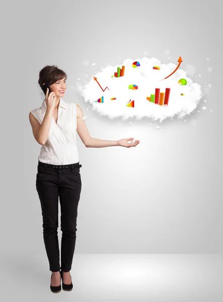 Young woman presenting cloud with graphs and charts — Stock Photo, Image