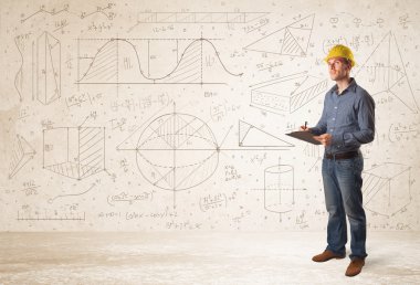 El çizimi arka planı olan yakışıklı bir mühendis.