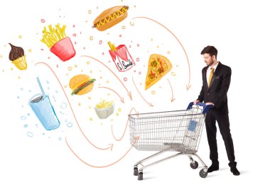 adam zehirli abur cubur ile alışveriş sepeti ile