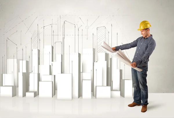 Construction worker planing with 3d buildings in background — Stock Photo, Image