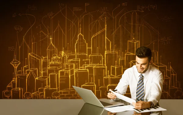 Businessman with buildings and numbers — Stock Photo, Image