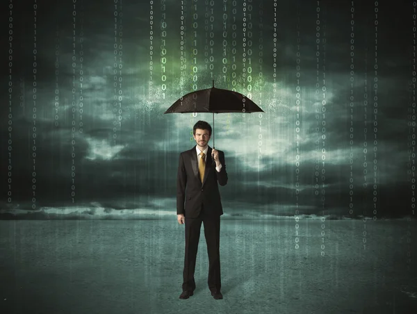 Affärsman stående med paraply dataskydd koncept — Stockfoto