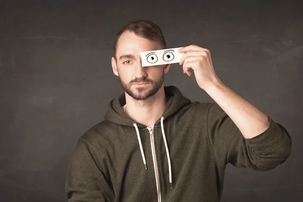 Funny man looking with hand drawn paper eyes — Stock Photo, Image