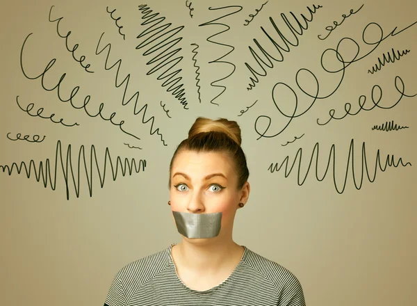 Young woman with glued mouth and curly lines — Stock Photo, Image