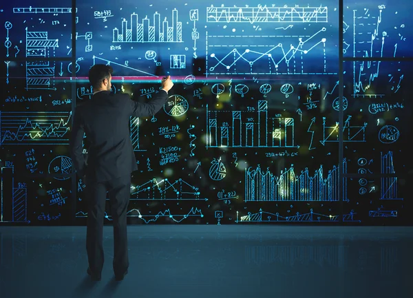 Dessin homme d'affaires avec des statistiques arrière-plan — Photo