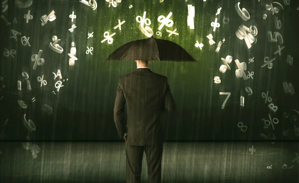 Empresário de pé com guarda-chuva e números 3d chuva véu — Fotografia de Stock