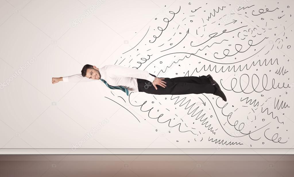 Business man flying with hand drawn lines comming out 
