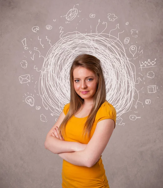 Pretty young girl with abstract circular doodle lines and icons — Stock Photo, Image