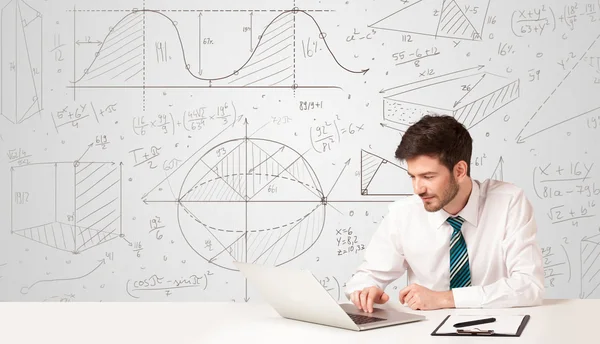 Businessman with business calculations background — Stock Photo, Image