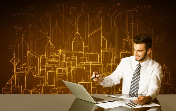 Businessman with buildings and numbers — Stock Photo, Image