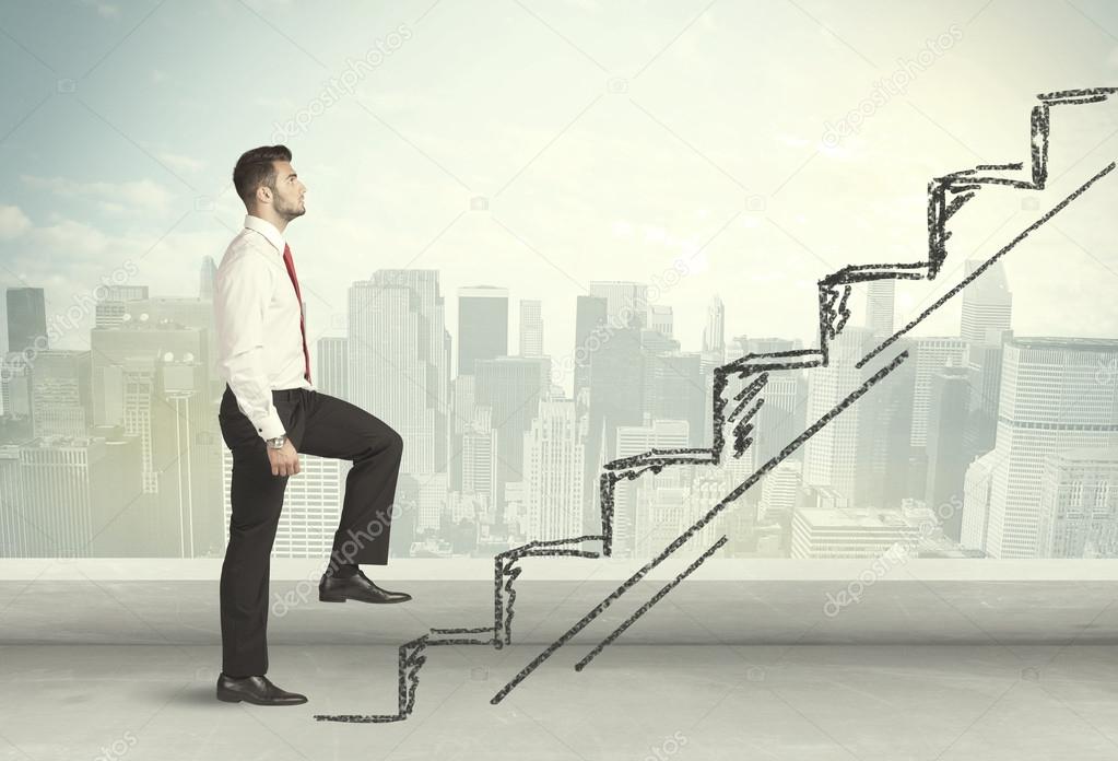 Business man climbing up on hand drawn staircase concept