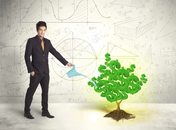 Business man watering a growing green dollar sign tree — Stock Photo, Image