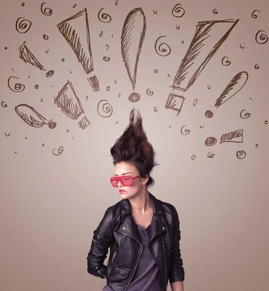 Young woman with hair style and hand drawn exclamation signs — Stock Photo, Image