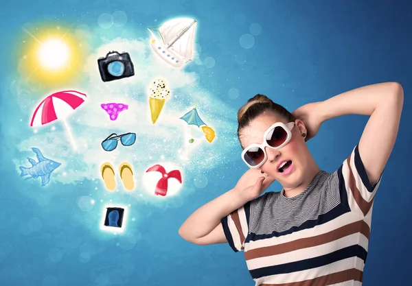 Happy joyful woman with sunglasses looking at summer icons — Stock Photo, Image