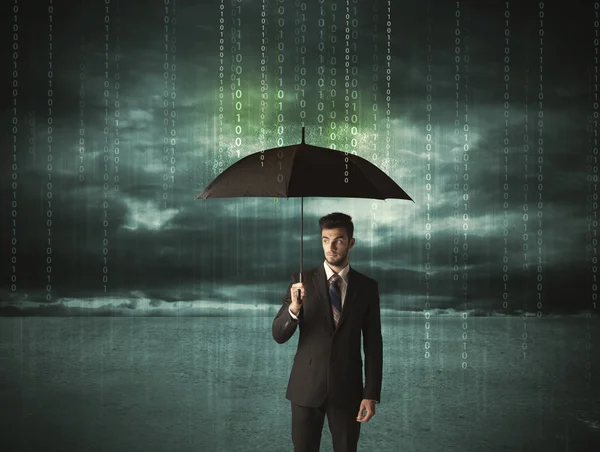 Business man standing with umbrella data protection concept — Stock Photo, Image