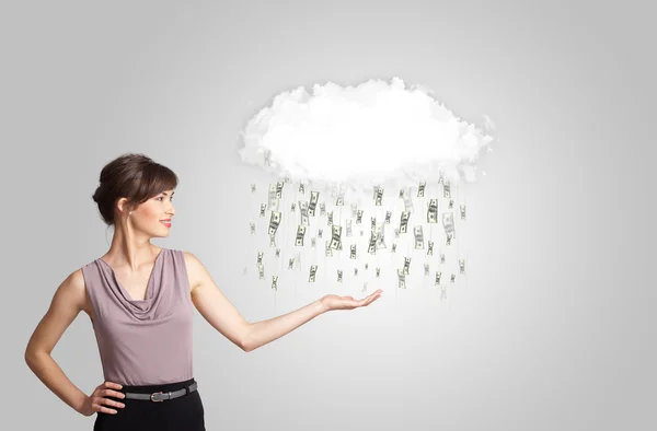 Woman with cloud and money rain concept — Stock Photo, Image
