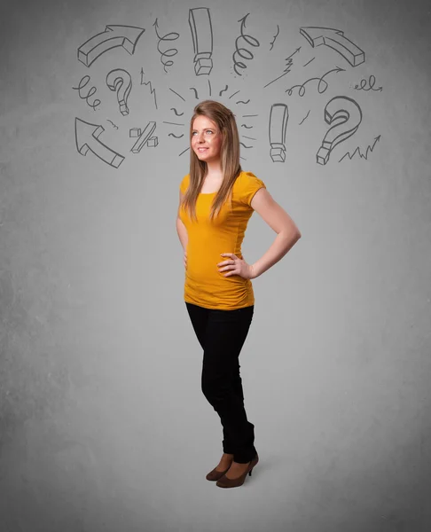 Cute young girl with question sign doodles — Stock Photo, Image