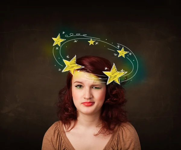 Girl with yellow stars circleing around her head illustration — Stock Photo, Image