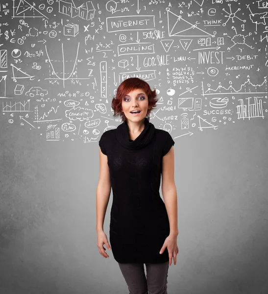 Young pretty lady with hand drawn calculations and icons — Stock Photo, Image