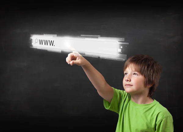 Young boy touching web browser address bar with www sign — Stock Photo, Image